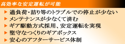 高効率な安定運転が可能:過負荷詰りのトラブルでの停止が少ない・メンテナンスが少なくて済む・ギア駆動方式採用、安全運転を実現・堅守のギアボックス・安心のアフターサービス体制